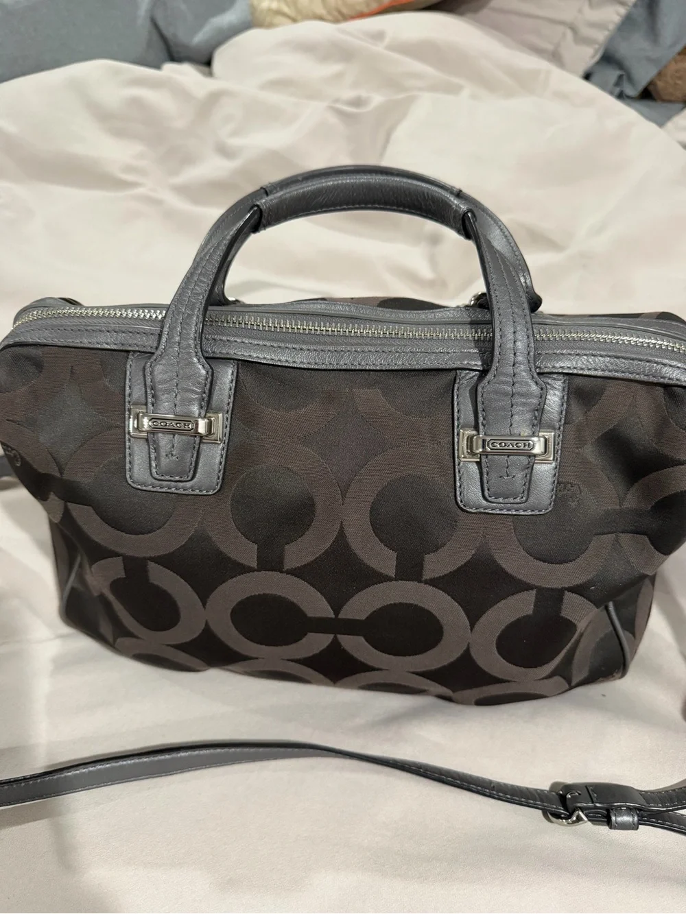 Coach Dark Brown Logo Satchel with Gray Trim
